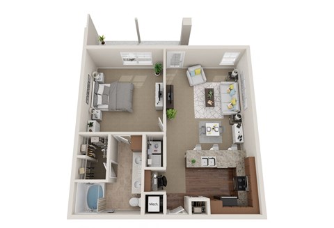 Floor plan for 1 bed, 1 bath, 910 sqft